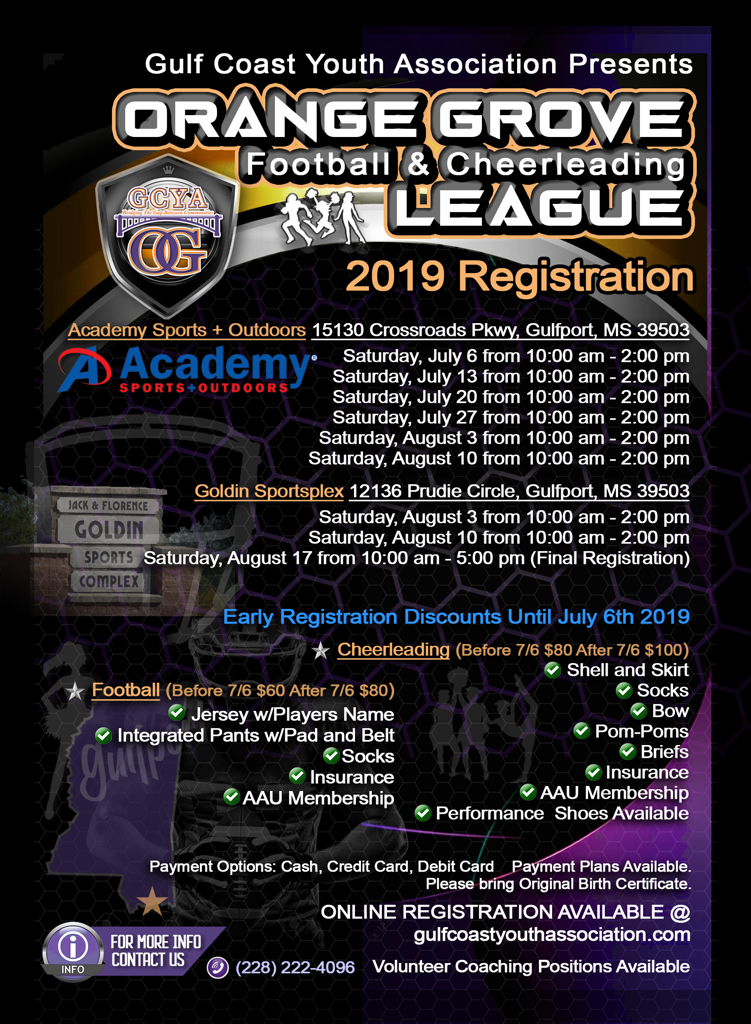2019 GCYA ORANGE GROVE FOOTBALL AND CHEERLEADING LEAGUE REGISTRATION INFORMATION